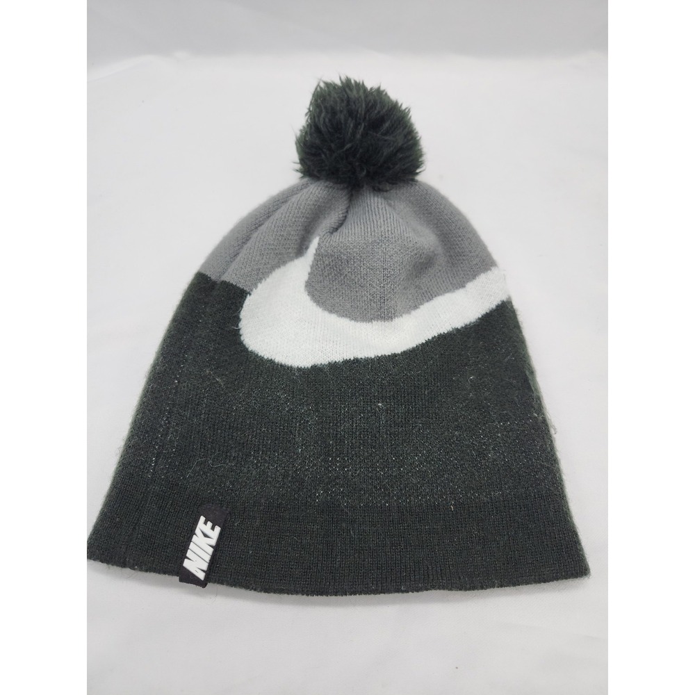 Nike Youth‎ Pom Beanie Hat Black Gray Large Swoosh Knit Winter Acrylic 3D Tag